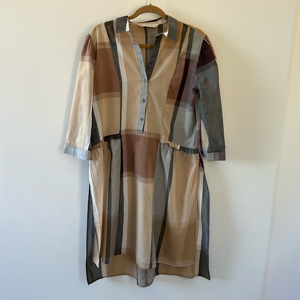 Zara Tan & Brown Plaid Tunic Size Small